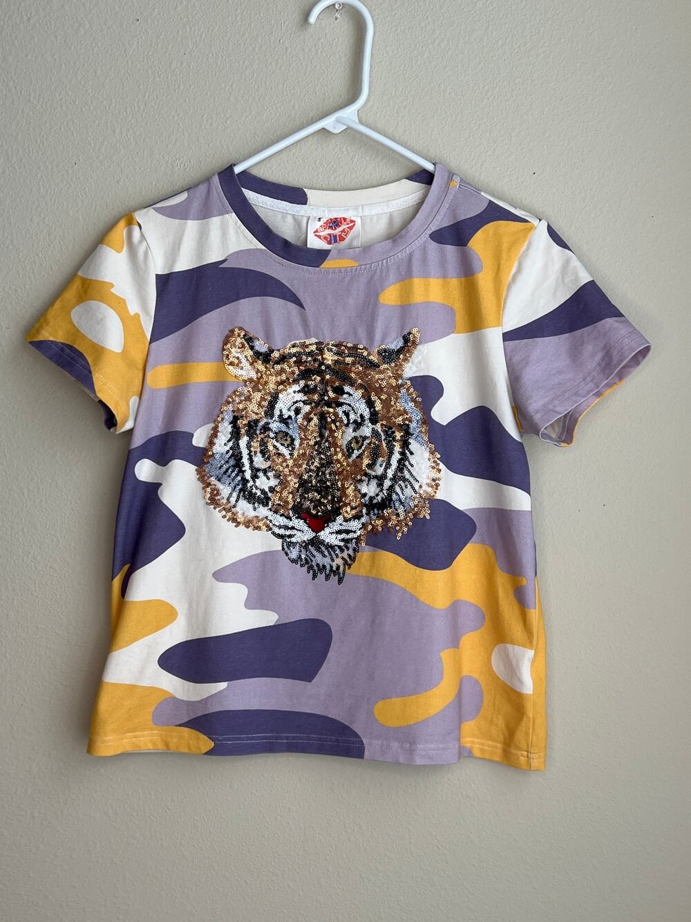 Sparkle City Purple Camo Sequin Tiger Tee — Women’s Size Small Game Day Top